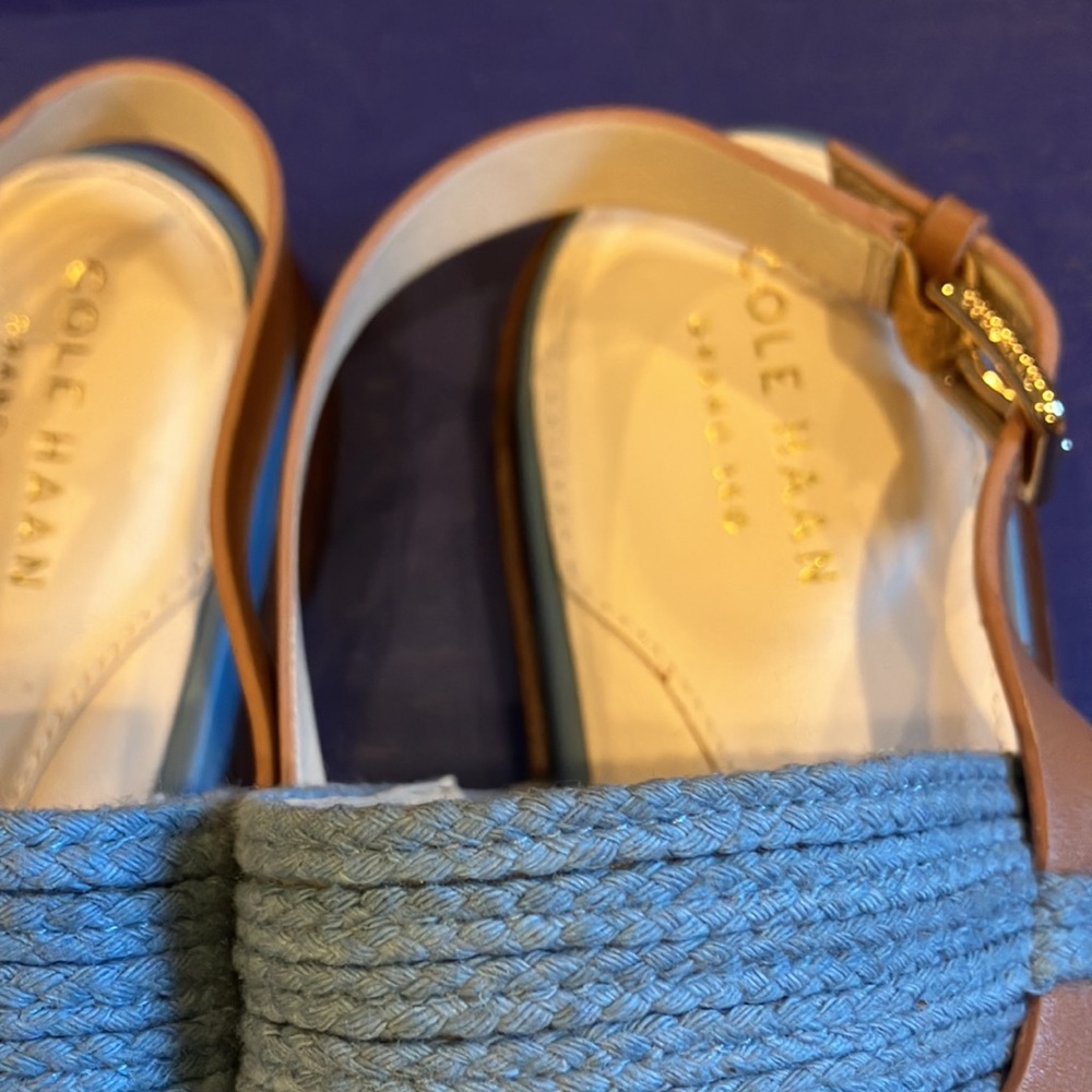 Cole Haan Anica Thong Sandal Women's Blue Straw-Pecan Leather Size 7 Flip Flop - Picture 4 of 8